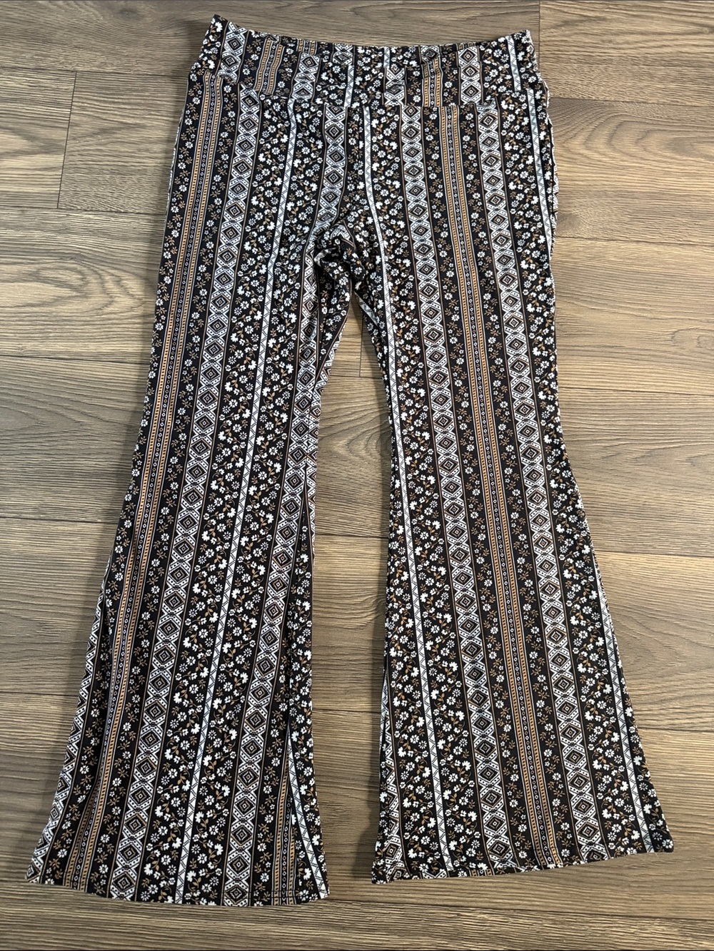No Boundaries Black, White & Brown Striped Geo-Print Flare Pants